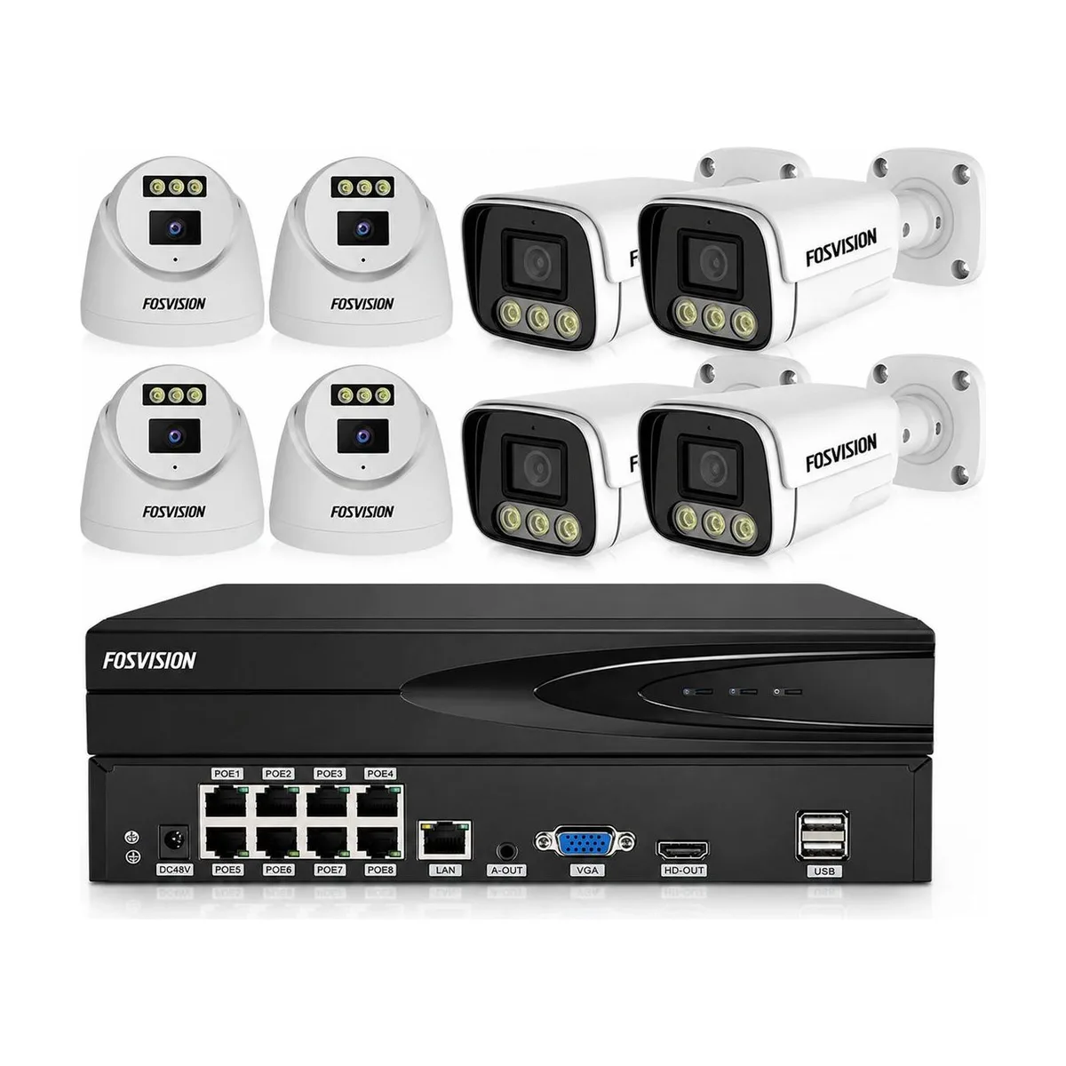 FOSVISION Kit de 8 Cameras avec NVR, Cable de connexion, Chargeur