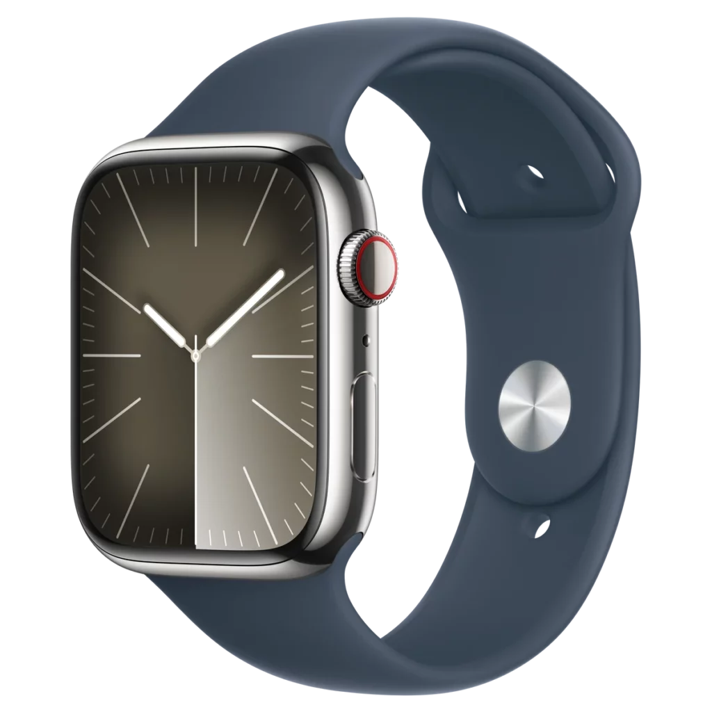 Apple Watch Series 8 GPS + Cellular boîtier acier inoxydable argent 45mm avec bracelet Sport bleu