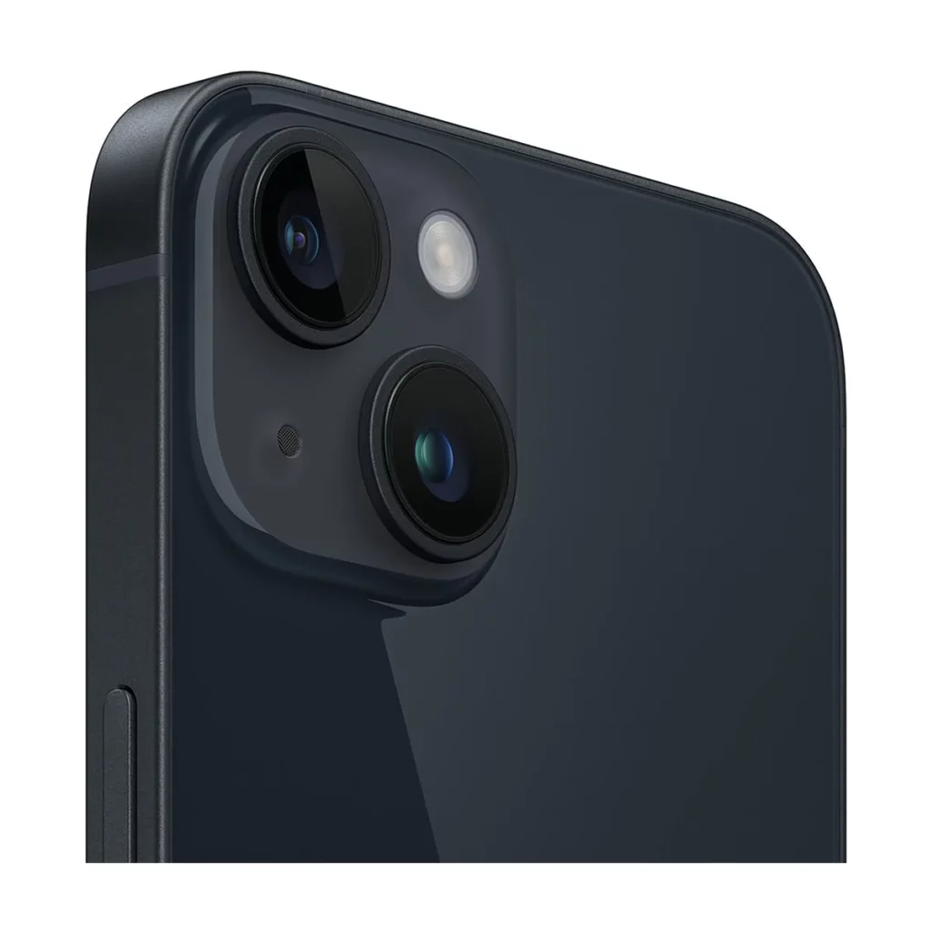 Apple iPhone 14 6.1″ 5G Double SIM 512 Go Noir minuit Occasion — 3/4 dos (gros plan caméra)