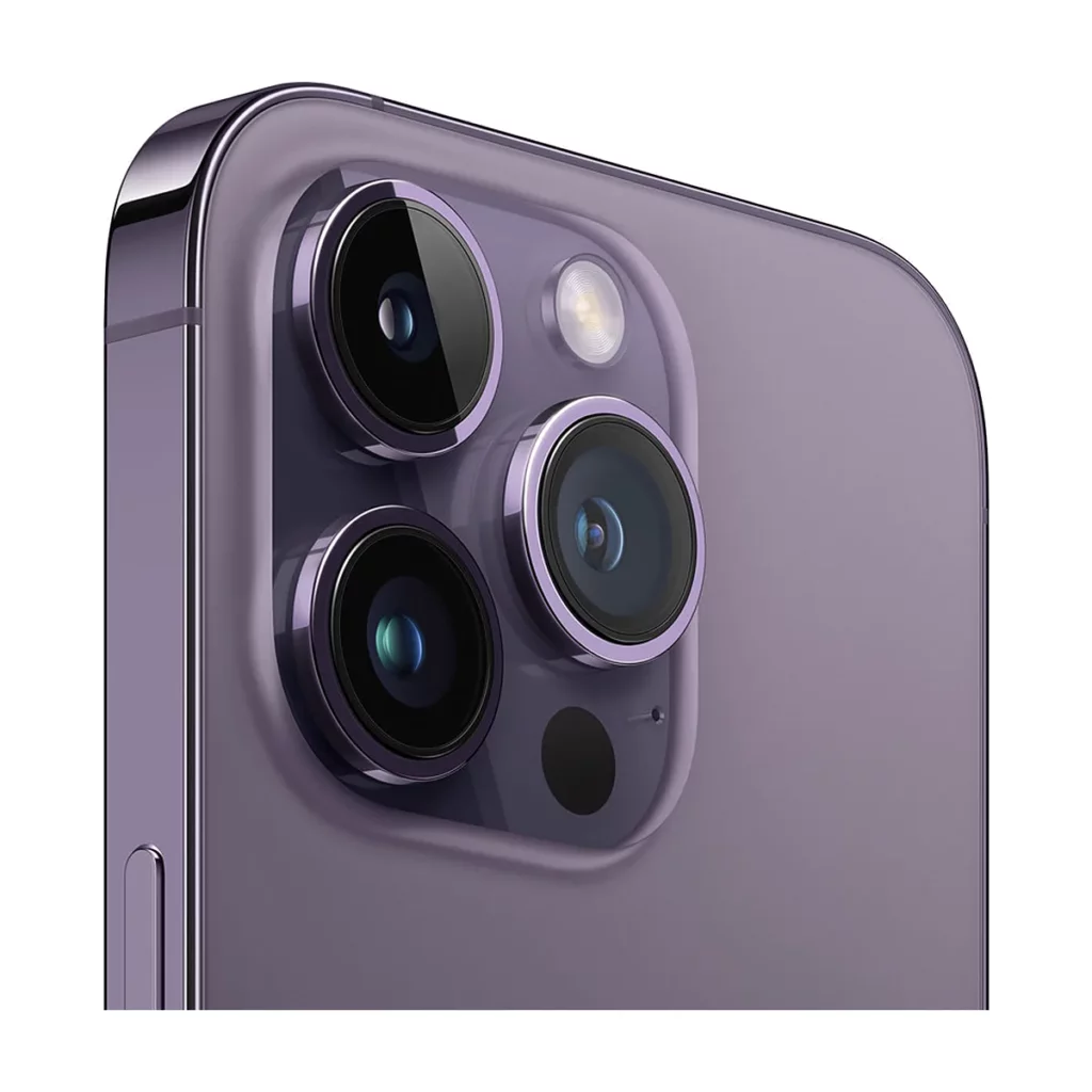 Apple iPhone 14 Pro 6,1″ 5G Double SIM 1 To Violet intense Occasion — 3/4 dos (gros plan caméra)