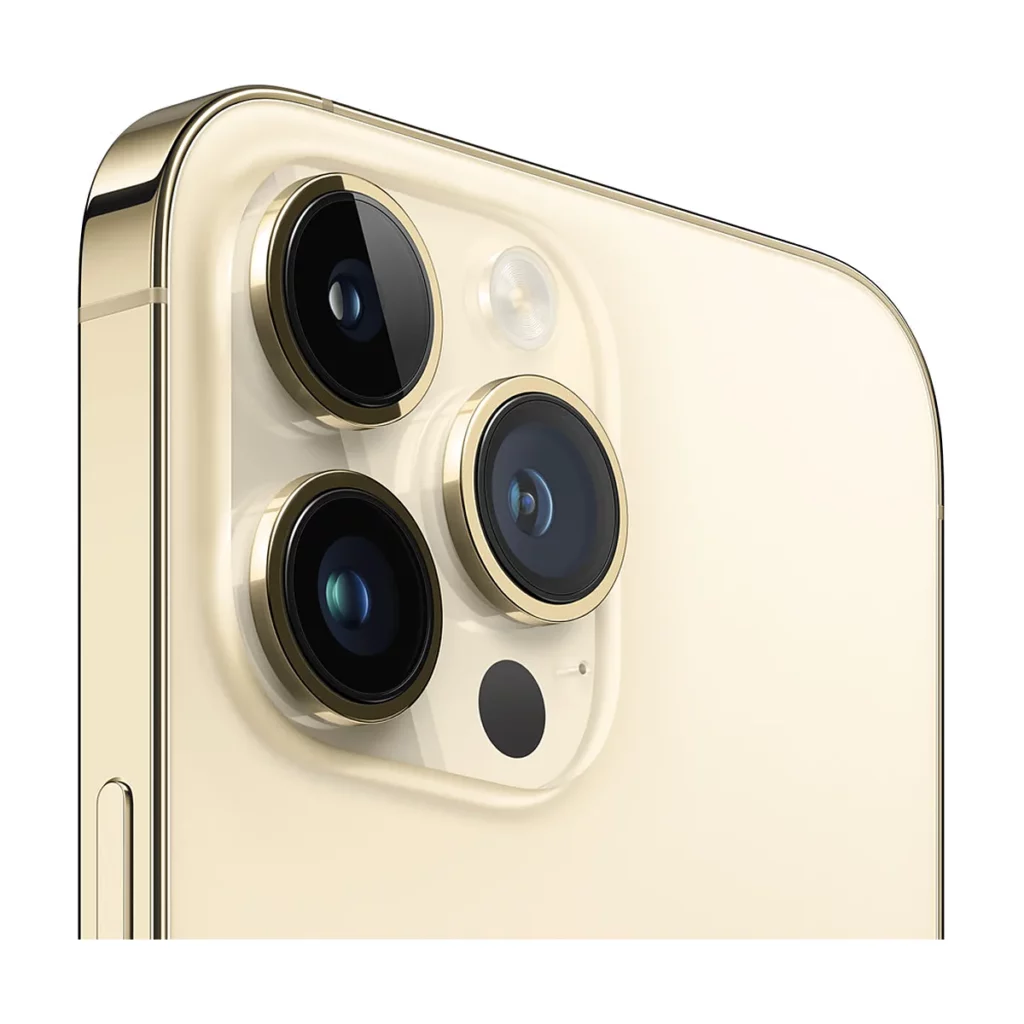 Apple iPhone 14 Pro Max 6,7″ 5G Double SIM 256 Go de couleur Or Occasion — 3/4 dos (gros plan caméra)