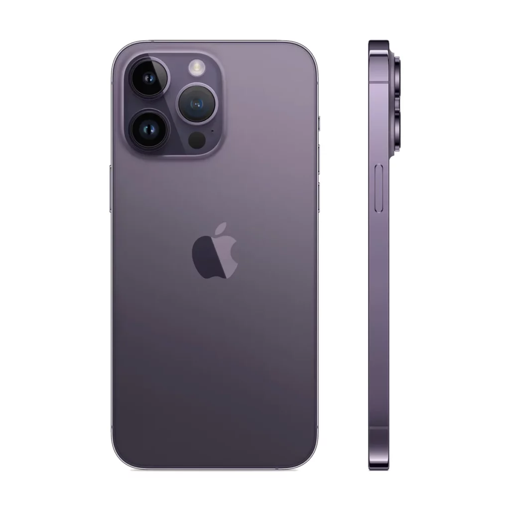 Apple iPhone 14 Pro Max 6,7″ 5G Double SIM 128 Go Violet intense Occasion — dos + profil