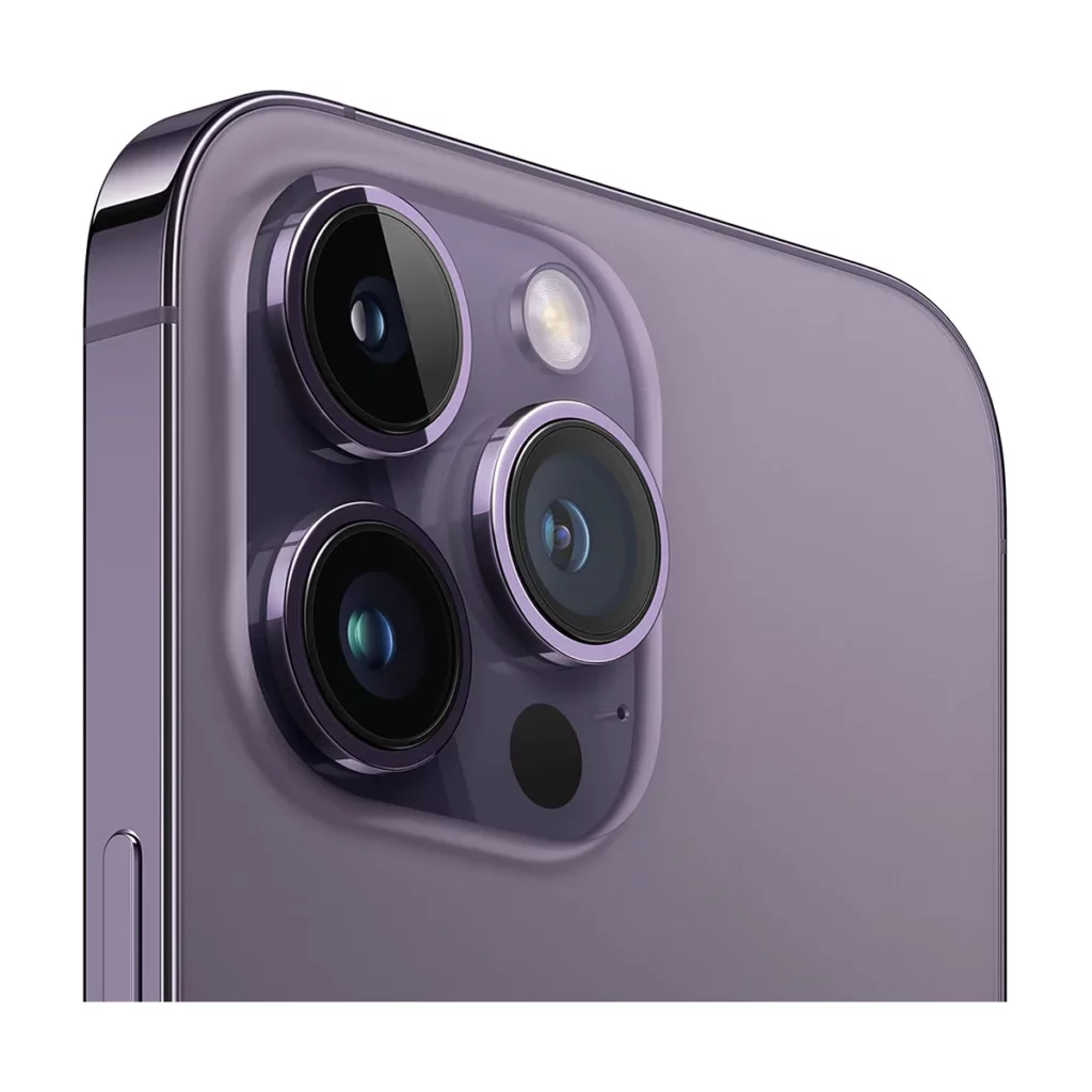 Apple iPhone 14 Pro Max 6,7″ 5G Double SIM 128 Go Violet intense Occasion — 3/4 dos (gros plan caméra)