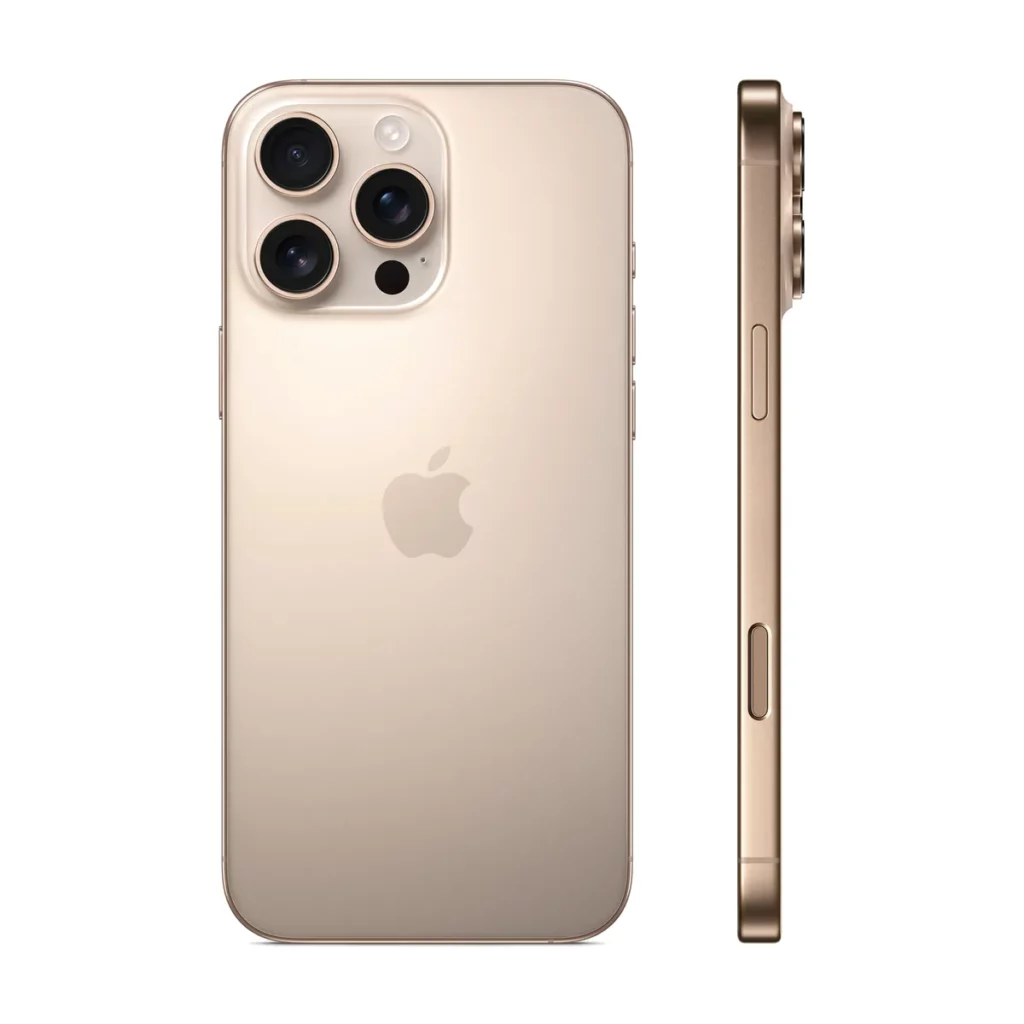 Apple iPhone 16 Pro Max 6,9″ avec 512Go de Memoire Double SIM Titane Sable — dos + profil