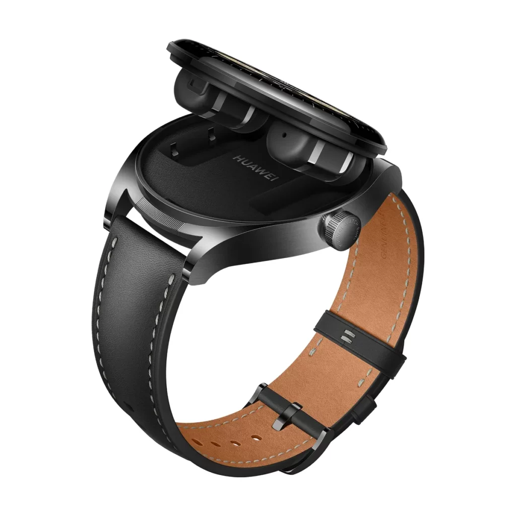 Montre connectée Huawei Watch Buds avec écouteurs de couleur Noir — cadran ouvert 3/4 (écouteurs)
