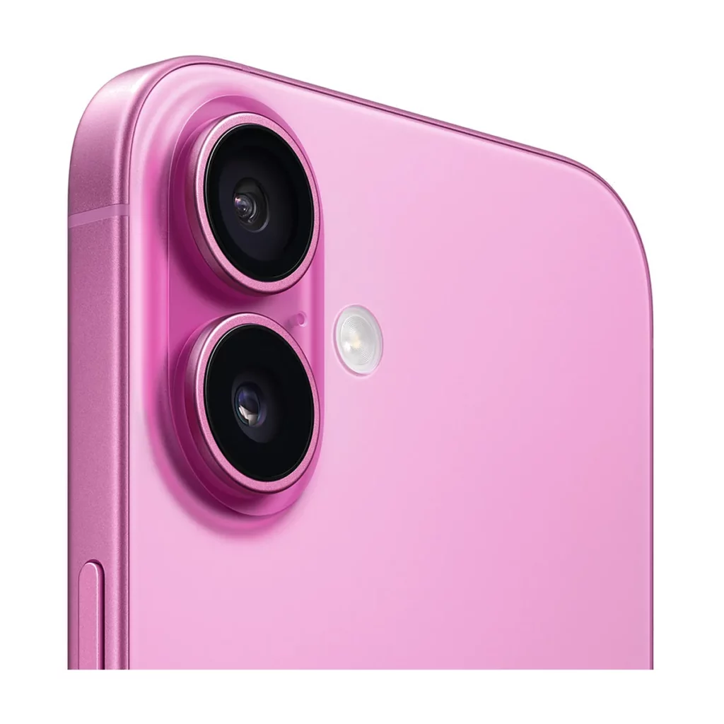 Apple iPhone 16 6,1″ nanoSim avec une Memoire de  256 Go Rose — 3/4 dos (gros plan caméra)