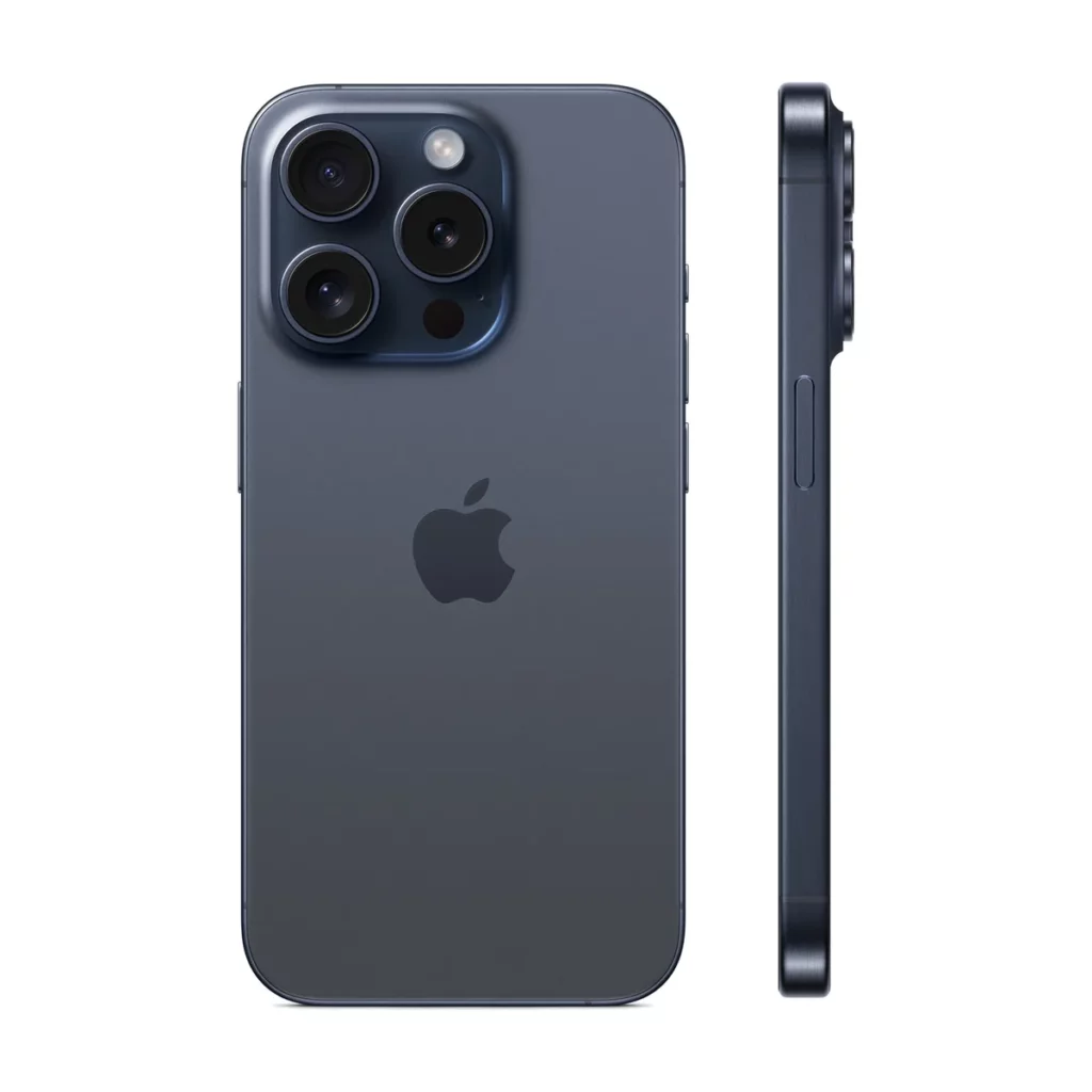 Apple iPhone 15 Pro 128GB Bleu Titanium — dos + profil