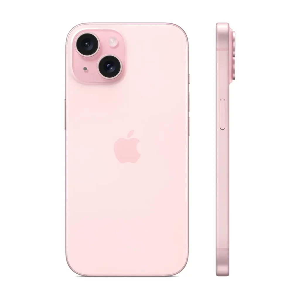 Apple iPhone 15 6,1″ 5G Double SIM 128 Go Rose — dos + profil