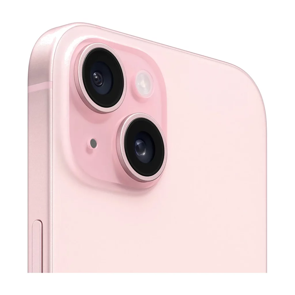Apple iPhone 15 6,1″ 5G Double SIM 128 Go Rose — 3/4 dos (gros plan caméra)