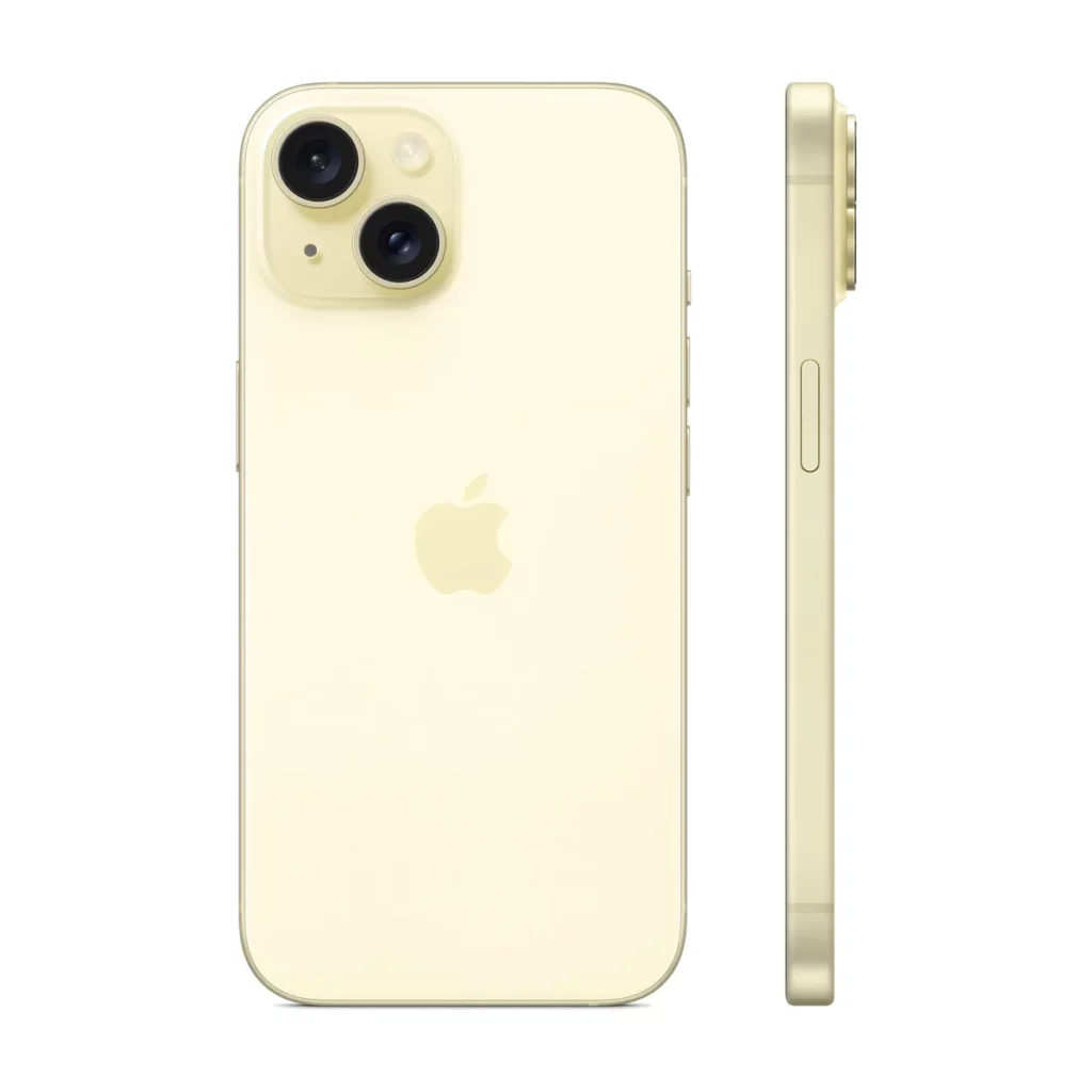 Apple iPhone 15 6,1″ 5G Double SIM 128 Go Jaune — dos + profil