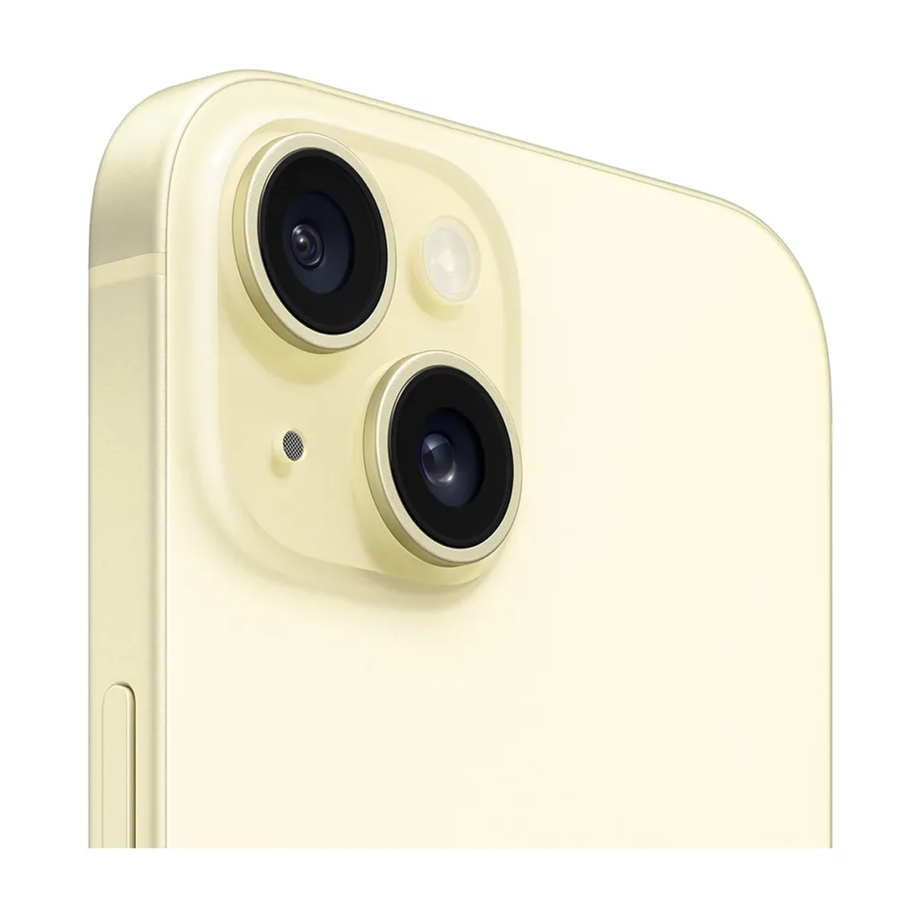 Apple iPhone 15 6,1″ 5G Double SIM 128 Go Jaune — 3/4 dos (gros plan caméra)