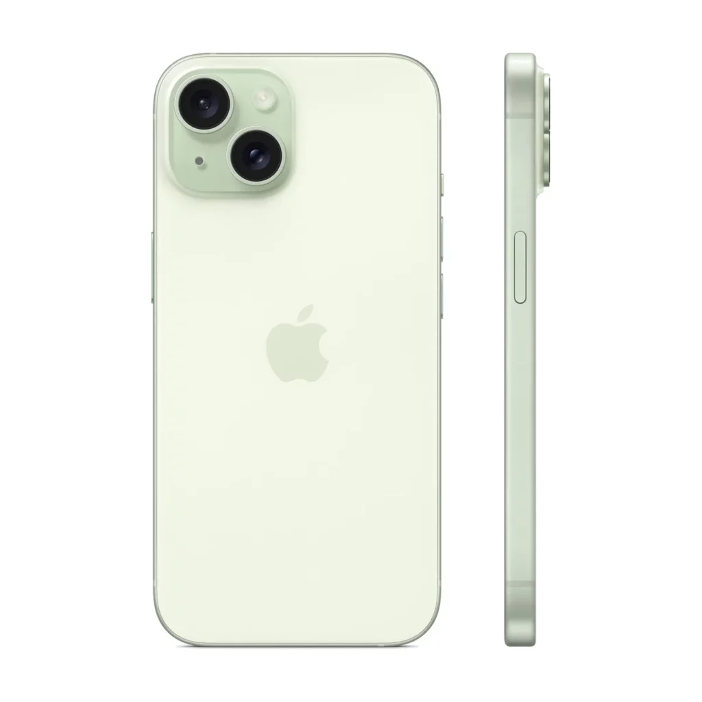 Apple iPhone 15 6,1″ 5G Double SIM 128 Go Vert — dos + profil