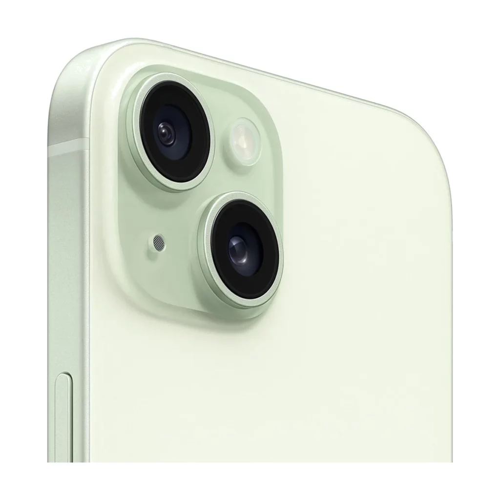 Apple iPhone 15 6,1″ 5G Double SIM 128 Go Vert — 3/4 dos (gros plan caméra)