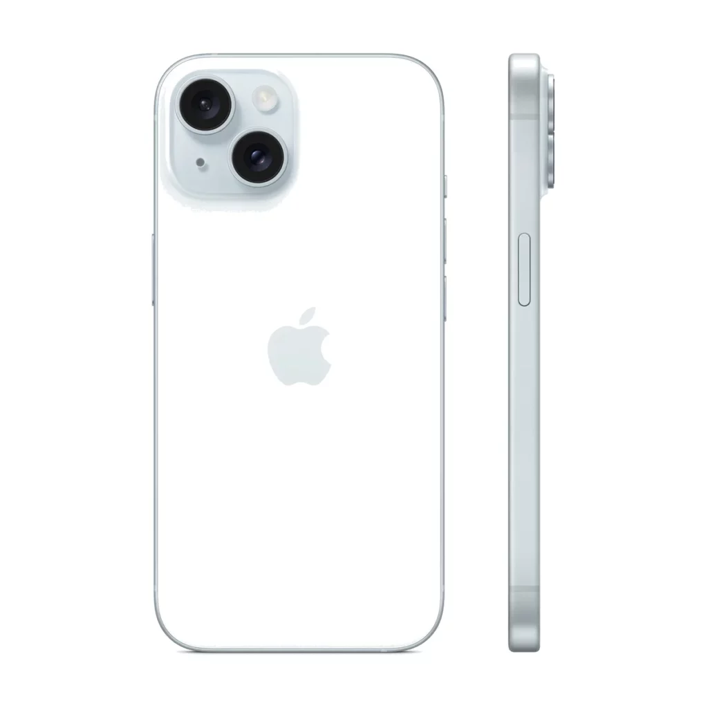 Apple iPhone 15 6,1″ 5G Double SIM 128 Go Bleu — dos + profil