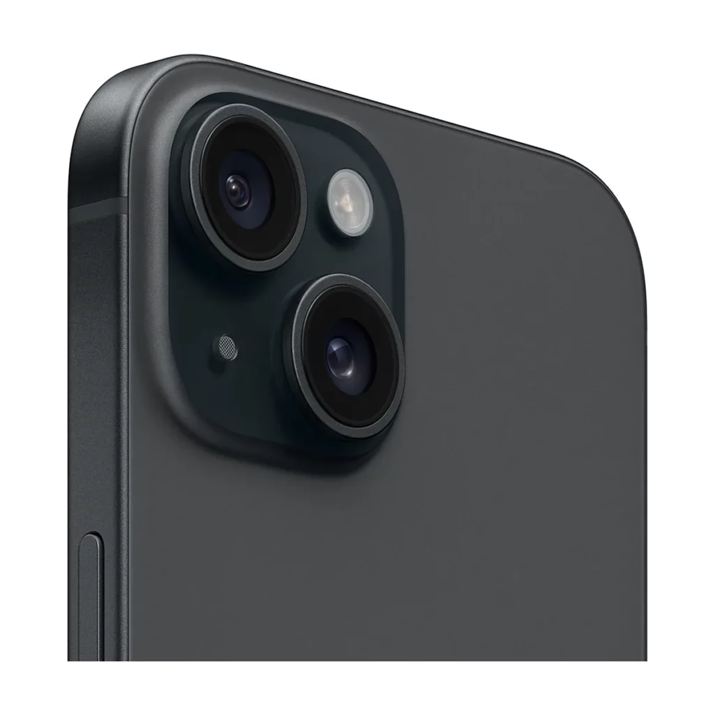 Apple iPhone 15 6,1″ 5G Double SIM 128 Go Noir — 3/4 dos (gros plan caméra)