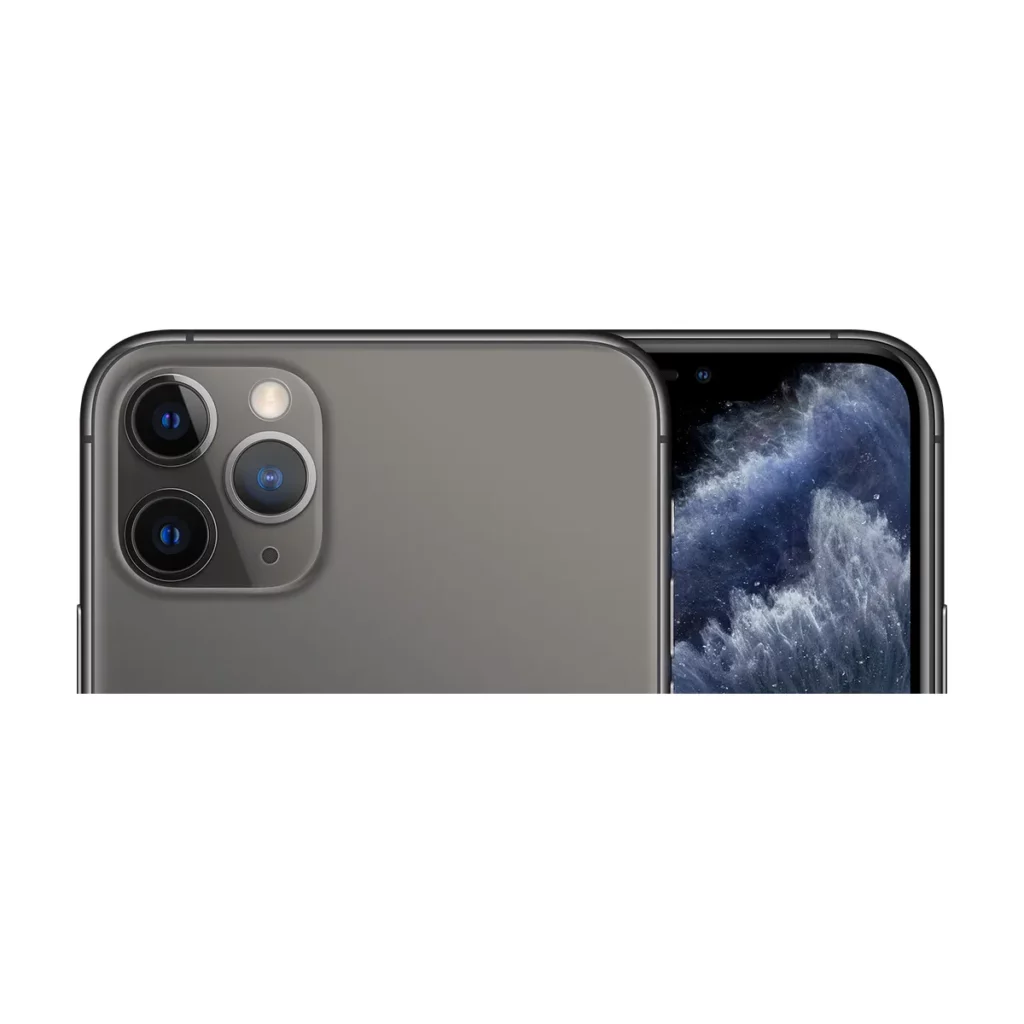 Apple iPhone 11 Pro Max Double SIM 256 Go de couleur Gris sidéral — dos + face gros plan caméra (recadrage)