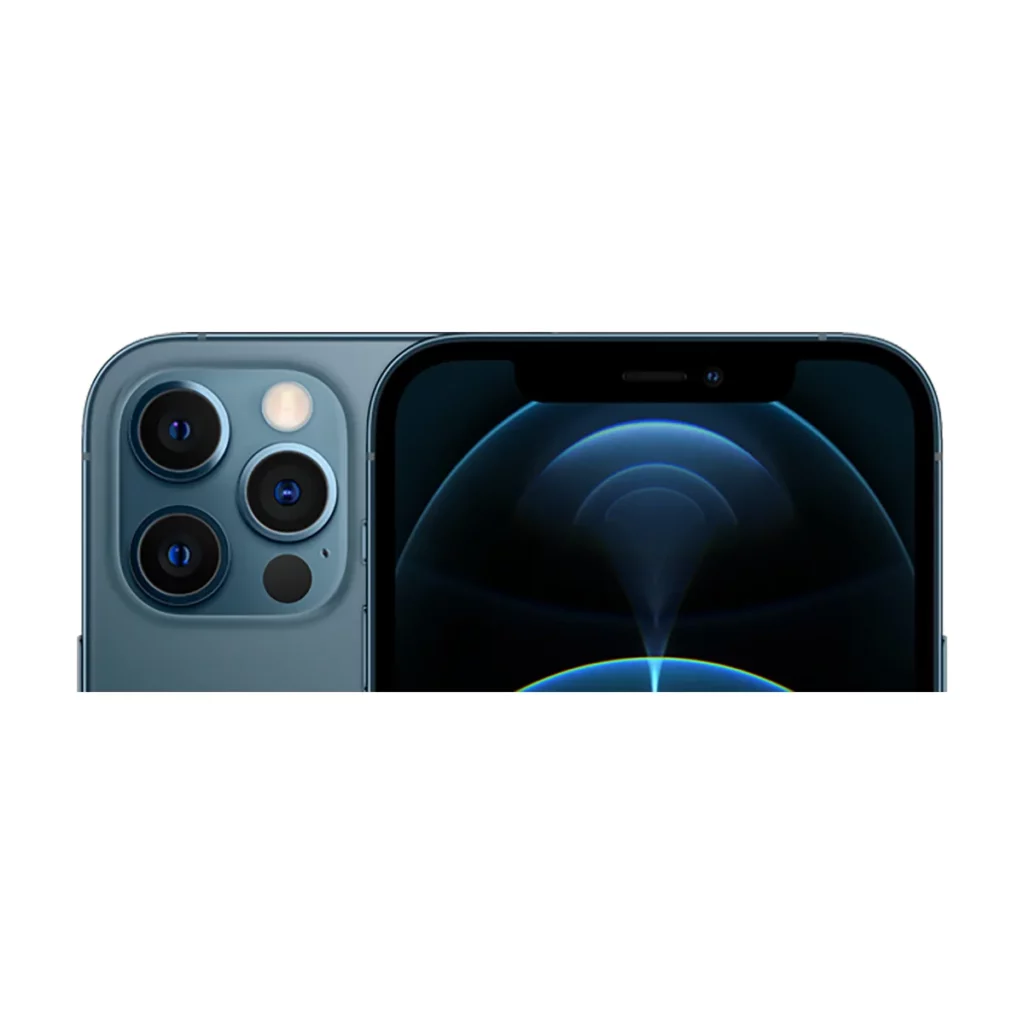 Apple iPhone 12 Pro Max 6,7 256 Go Double SIM 5G Couleur Bleu pacifique — dos + face gros plan caméra (recadrage)