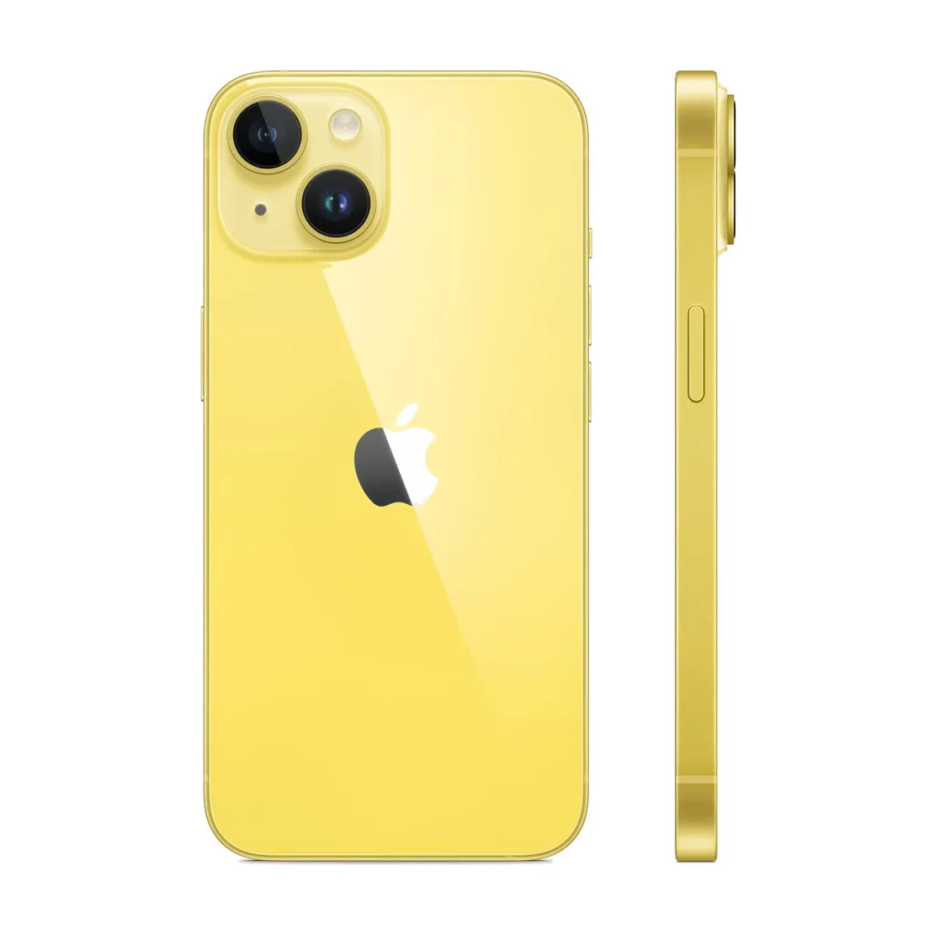 Apple iPhone 14 6.1″ 5G Double SIM 256 Go Jaune — dos + profil