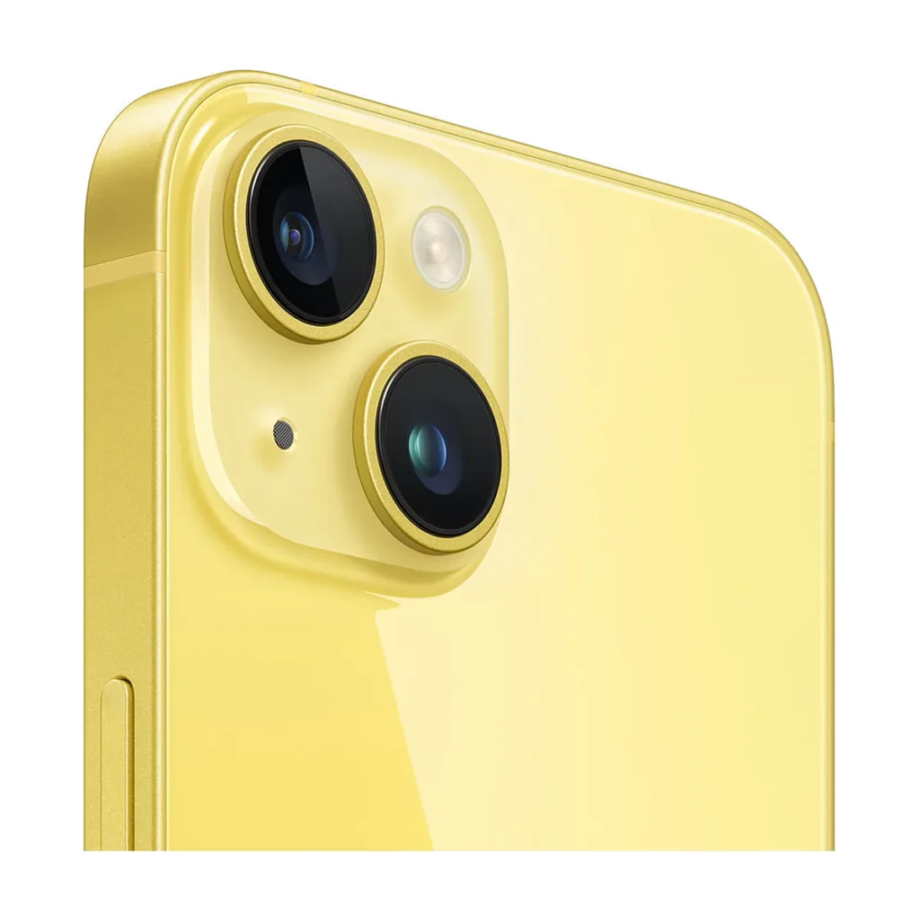 Apple iPhone 14 6.1″ 5G Double SIM 256 Go Jaune — 3/4 dos (gros plan caméra)