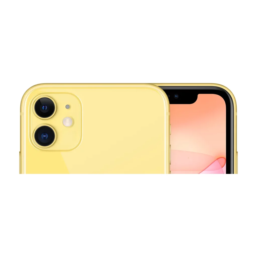 Apple iPhone 11 6.1″ Double SIM 128 Go de Mémoire Jaune — dos + face gros plan (recadrage)