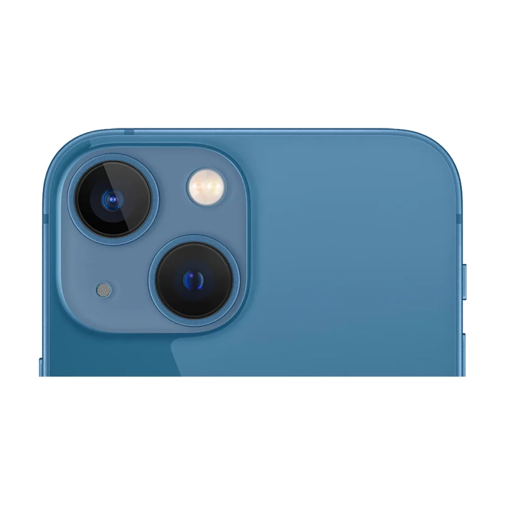 Apple iPhone 13 mini 5,4″ 5G 128 Go Double SIM Bleu — dos gros plan caméra (recadrage)