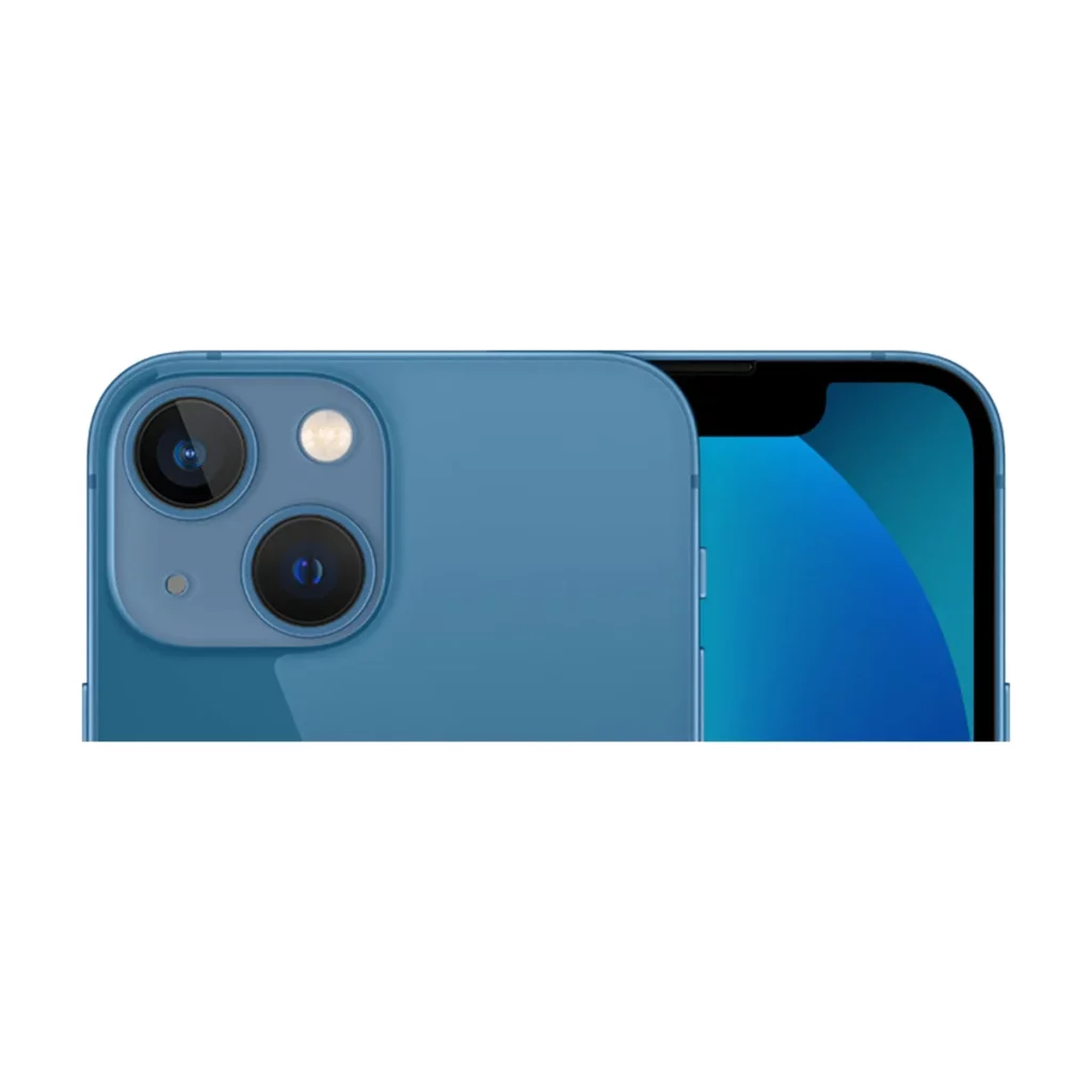 Apple iPhone 13 mini 5,4″ 5G 128 Go Double SIM Bleu — dos + face gros plan (recadrage)
