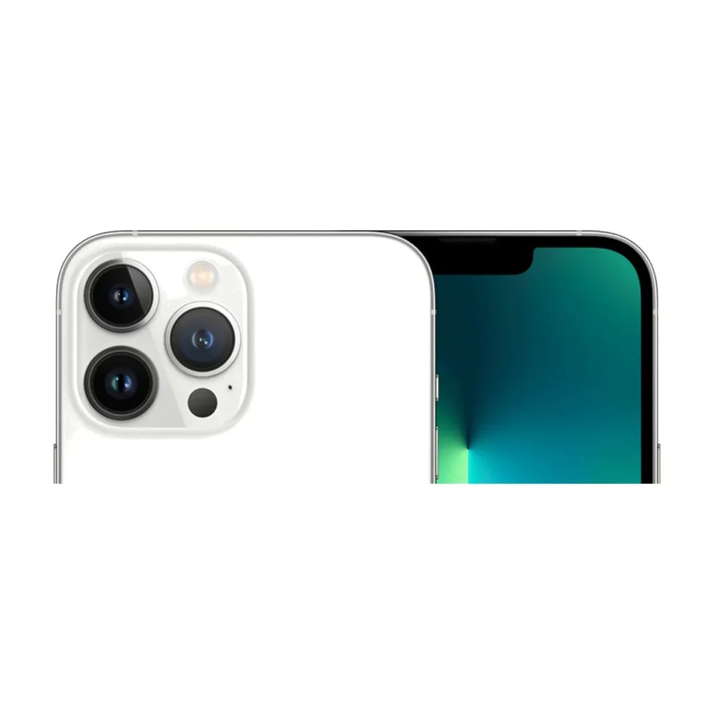 Apple iPhone 13 Pro Max 128 Go Mémoire Silver (2021) — dos + face gros plan (recadrage)