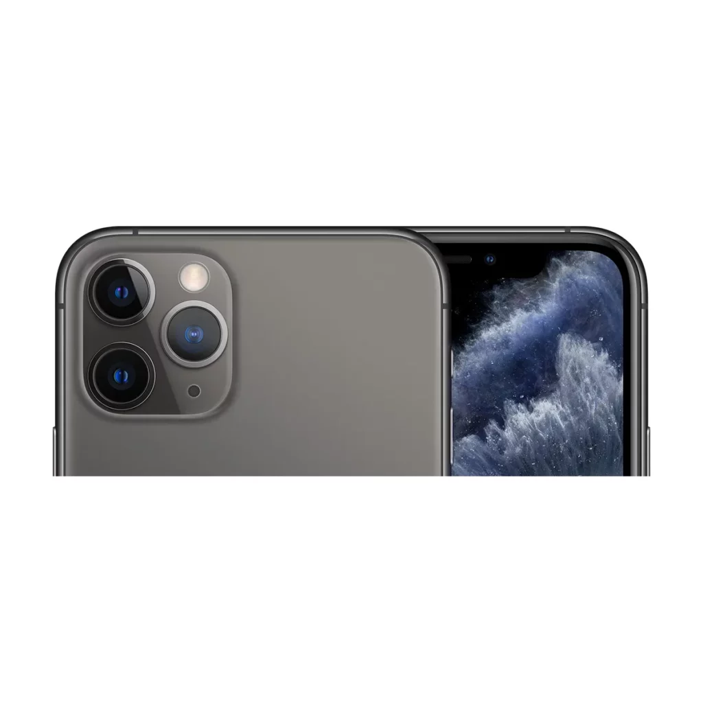 Apple iPhone 11 Pro 5.8″ Memoire 64 Go Gris Sidéral — dos + face gros plan caméra (recadrage)