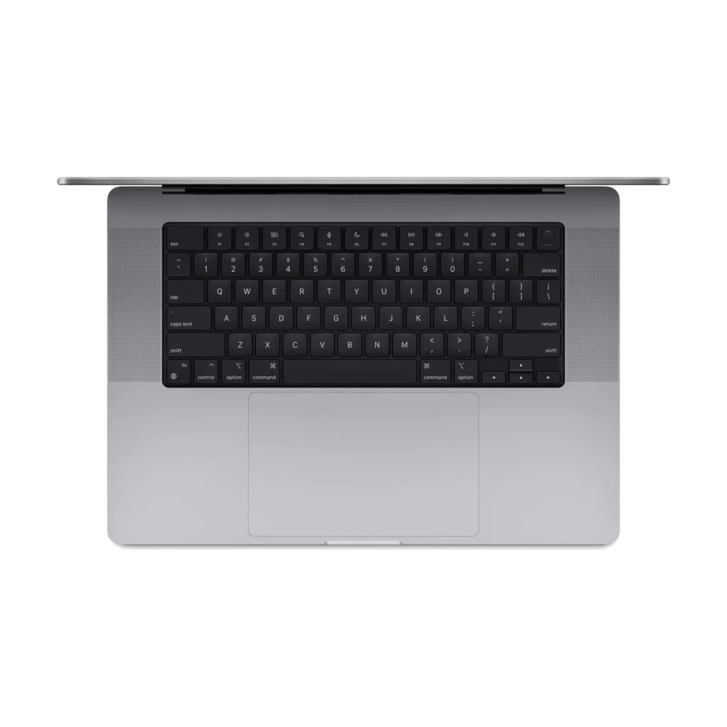 Apple MacBook Pro 16″ 512 go SSD 16 Go RAM Puce M2 CPU 8 cœurs Gris sidéra — dessus ouvert (clavier)