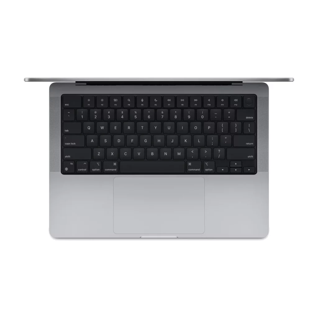 MacBook Pro M2 MAX  Puce Apple M2, 64go ddr4, 2To ssd, 14″ retina XDR,  Gris sidéral — dessus ouvert (clavier)