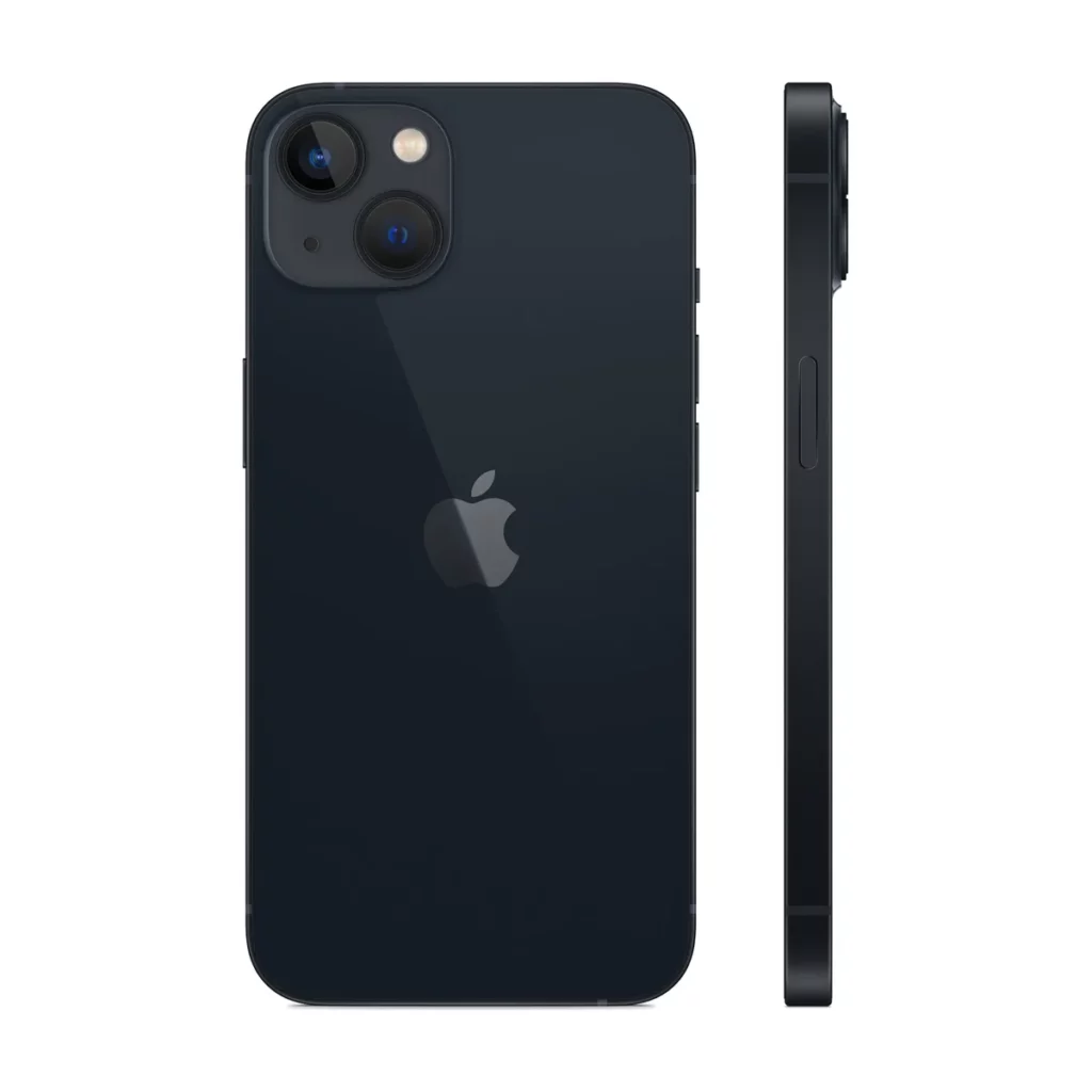 Apple iPhone 13 6,1″ 5G avec une mémoire 256 Go Double SIM Noir minuit Occasion — dos + profil