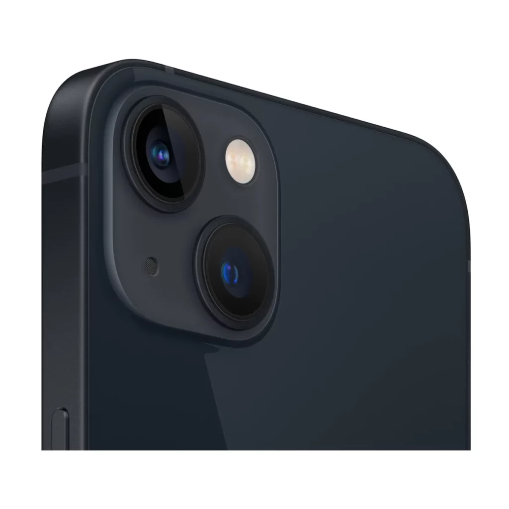 Apple iPhone 13 6,1″ 5G avec une mémoire 256 Go Double SIM Noir minuit Occasion — 3/4 dos (gros plan caméra)