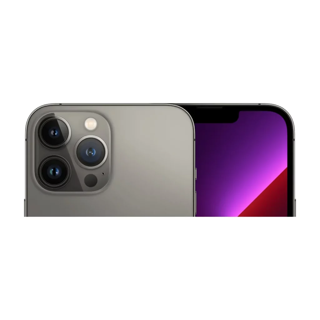 Apple iPhone 13 Pro Max  avec une Mémoire de 128 Go Gris Sideral Occasion — dos + face gros plan (recadrage)
