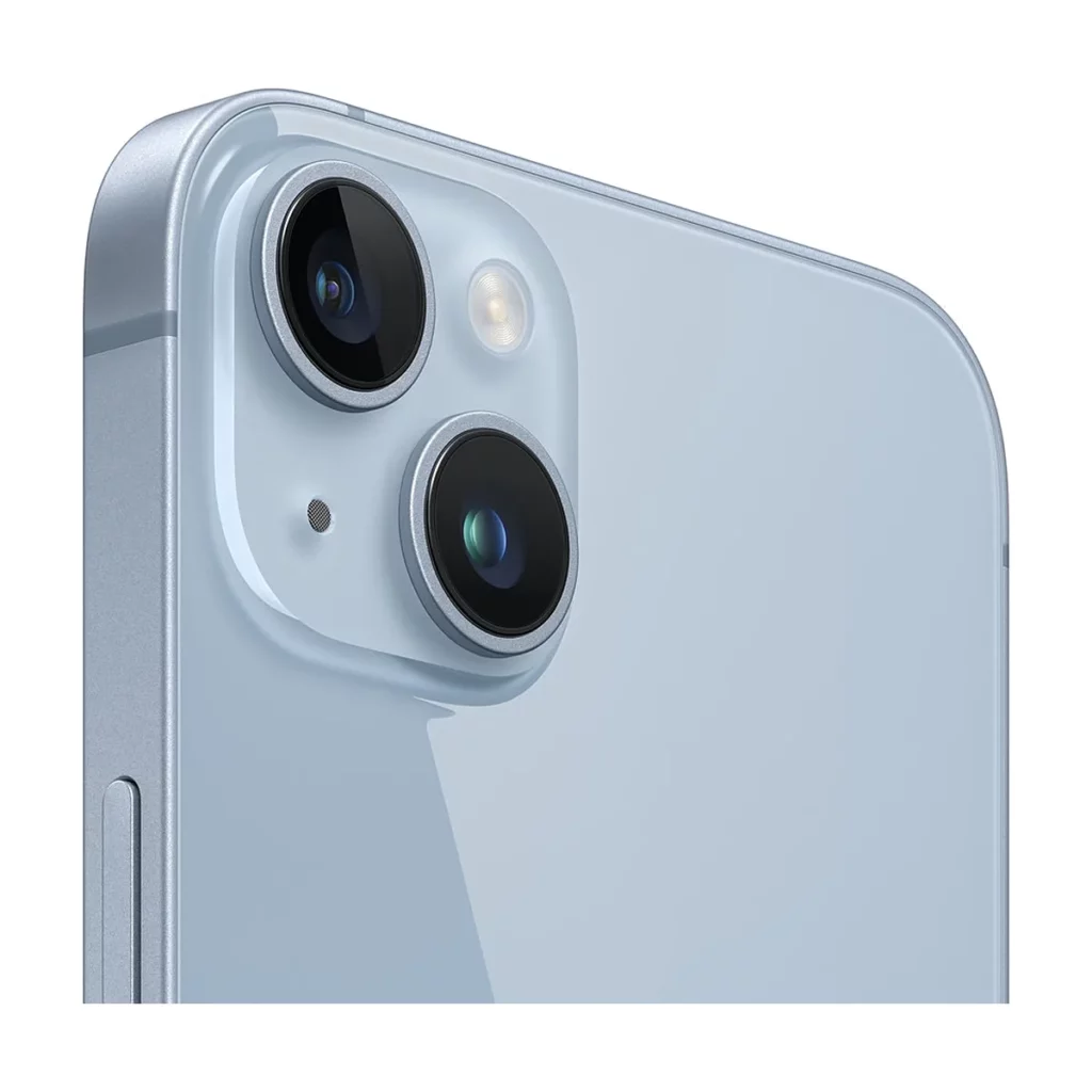 Apple iPhone 14 Plus 6.7″ Memoire 128 Go Bleu — 3/4 dos (gros plan caméra)