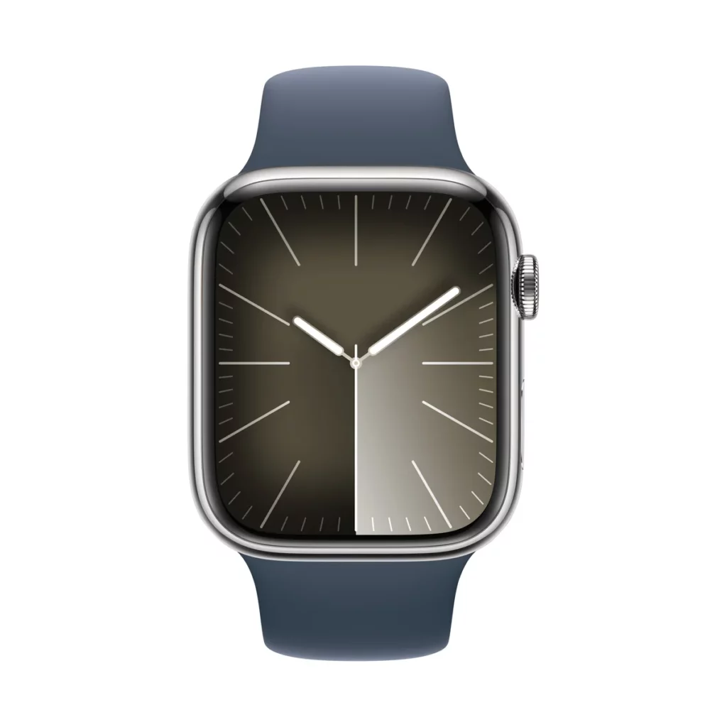 Apple Watch Series 8 GPS + Cellular boîtier acier inoxydable argent 45mm avec bracelet Sport bleu – vue 1, disponible à Dakar chez Compustore